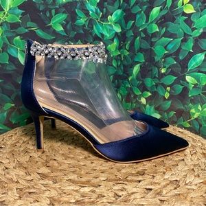 Jewel Badgley Mischka Navy Blue Satin Heels with Silver Embellishments